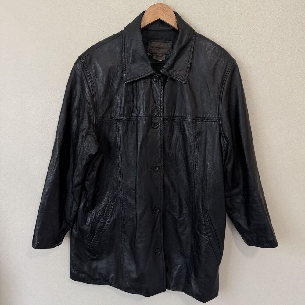 Vtg Brandon Thomas Womens 1X Black Leather Jacket Distressed Y2K Car Coat 90s